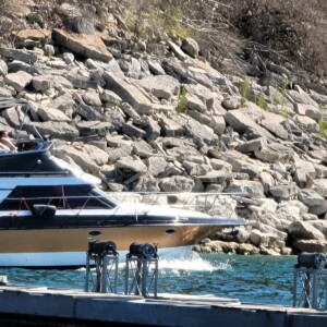 A motorboat speeds along a rocky shoreline near a dock on a sunny day.